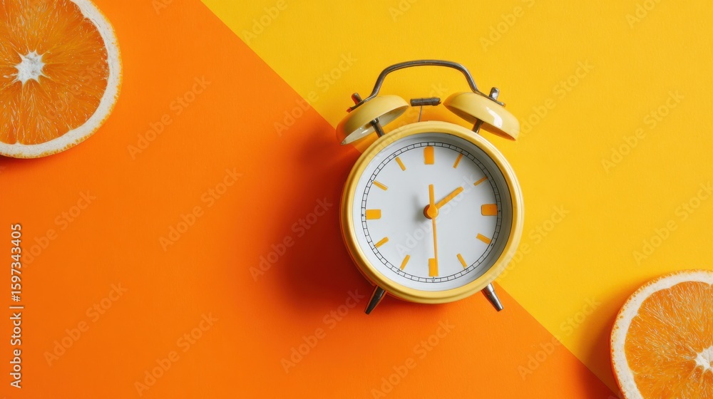 Poster bright yellow alarm clock sits on a split background of orange and yellow. fresh orange slices are p