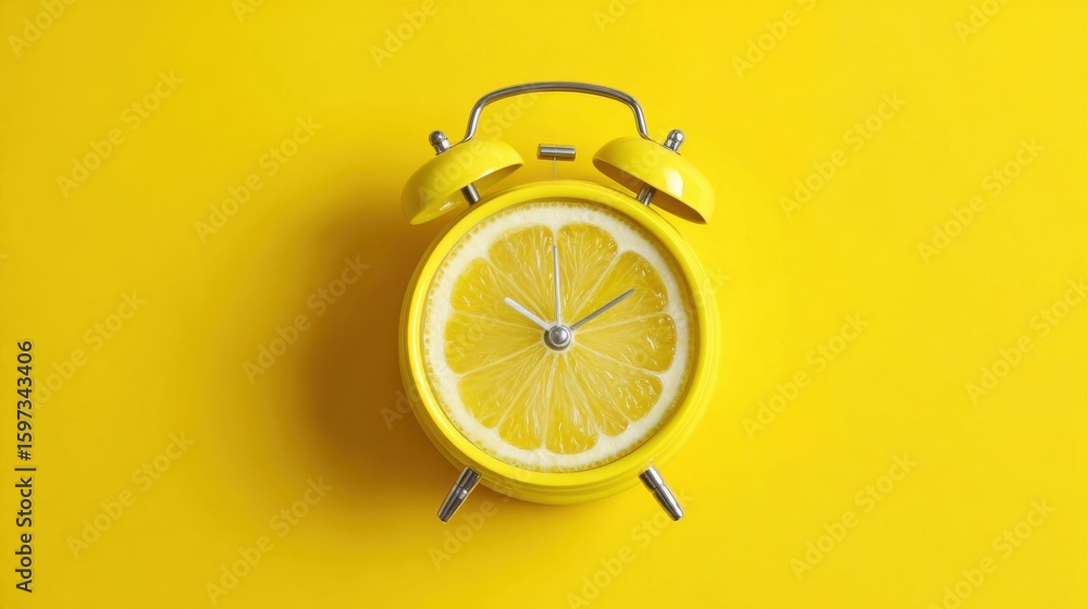 Poster a vibrant yellow clock features a lemon slice instead of traditional clock hands, symbolizing freshn