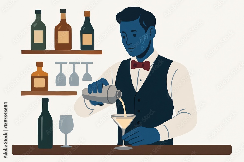 Poster a digital bartender pouring a cocktail with precision and finesse amidst a rustic backdrop of shelve