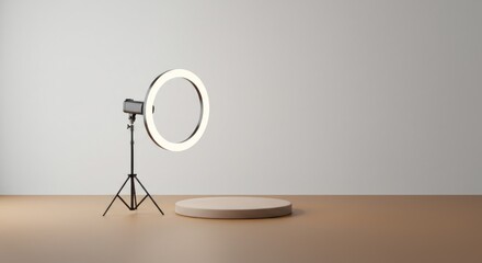 Photography studio setup with wooden podium