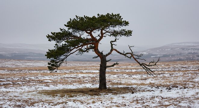 A solitary pine tree stands in a winter field, its branches reaching out against the backdrop of snowcovered hills under a cloudy sky
