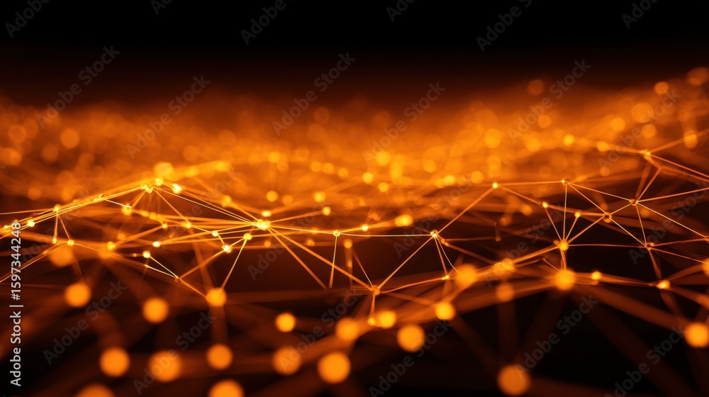 Fototapete a web of glowing orange nodes is interconnected by lines, forming an intricate digital landscape aga