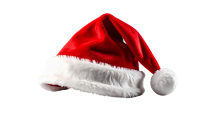 Plush red santa hat with white trim isolated on a transparent background christmas hat