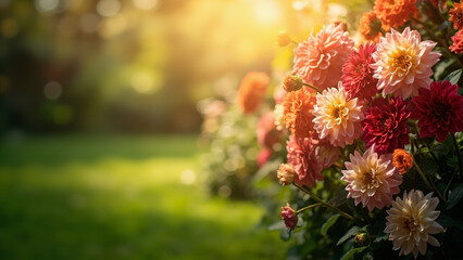 
Bright colorful flowers blooming in garden | Vibrant garden full of blooming flowers in sunlight | Beautiful spring flowers in garden setting

