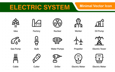 Electric System isolated icon set. Set of home electrification, electrical wire, and cable, lightbulb, led lamp, electricity meter, junction box, outlet and switch, extension cord, and more.