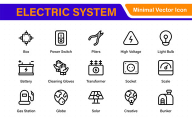 Electric System isolated icon set. Set of home electrification, electrical wire, and cable, lightbulb, led lamp, electricity meter, junction box, outlet and switch, extension cord, and more.