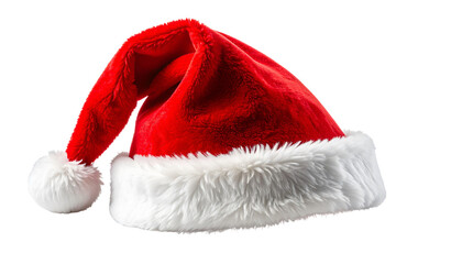 Plush red santa hat with white trim isolated on a transparent background christmas hat