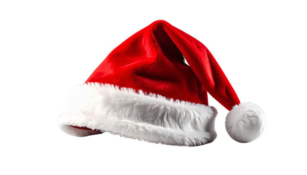 Plush red santa hat with white trim isolated on a transparent background christmas hat