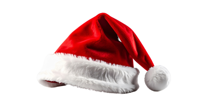Plush red santa hat with white trim isolated on a transparent background christmas hat