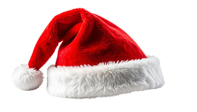 Plush red santa hat with white trim isolated on a transparent background christmas hat