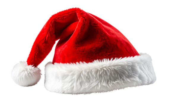 Plush red santa hat with white trim isolated on a transparent background christmas hat