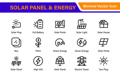 Solar panel color icon set with sun power photovoltaic (PV) home system and renewable electric energy technology glyph symbols: off the grid (OTG), inverter, charge controller, battery, meter.