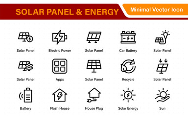 Solar panel color icon set with sun power photovoltaic (PV) home system and renewable electric energy technology glyph symbols: off the grid (OTG), inverter, charge controller, battery, meter.