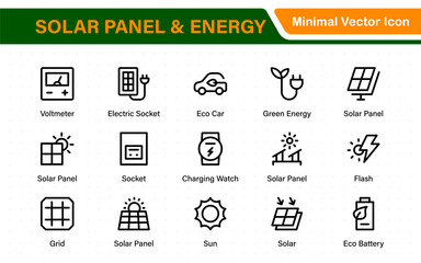 Solar panel color icon set with sun power photovoltaic (PV) home system and renewable electric energy technology glyph symbols: off the grid (OTG), inverter, charge controller, battery, meter.