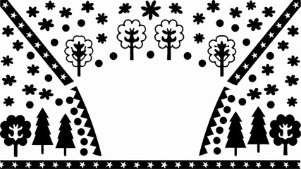 Black and white winter scene with trees, stars, circles, and a star patterned border at the bottom edge | editable eps vectors silhouette