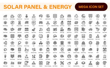 Solar panel color icon set with sun power photovoltaic (PV) home system and renewable electric energy technology glyph symbols: off the grid (OTG), inverter, charge controller, battery, meter.