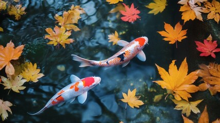 Colorful koi fish swim amongst autumn leaves in a pond.