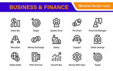 Business and finance icon collection in flat design. Clean line style set for mobile, web, and UI design. Includes charts, banking, money, and office symbols.