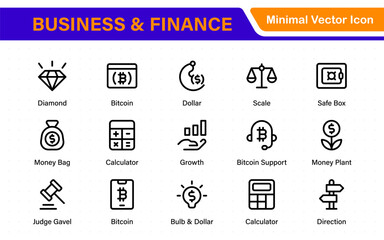 Business and finance icon collection in flat design. Clean line style set for mobile, web, and UI design. Includes charts, banking, money, and office symbols.