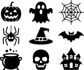 Eight Spooky Halloween Icons Black Silhouettes Vector Set Jackolantern Ghost Spiderweb Witch