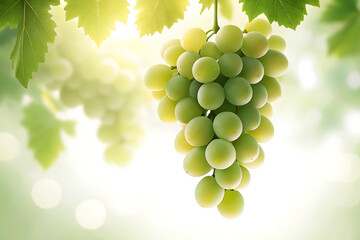 Close up of a ripe green grape cluster hanging from a vine in sunlight