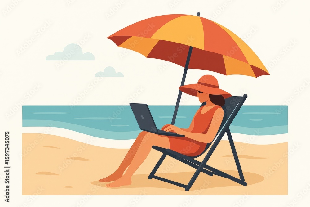Poster a serene digital nomad working on a laptop under a colorful sun umbrella while relaxing on a beach a