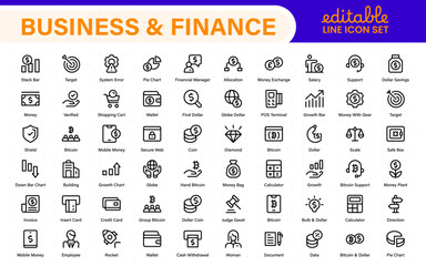 Business and finance icon collection in flat design. Clean line style set for mobile, web, and UI design. Includes charts, banking, money, and office symbols.