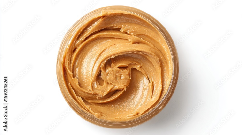 Poster this creamy peanut butter is displayed in a clear jar, showcasing a smooth swirl on the surface. per