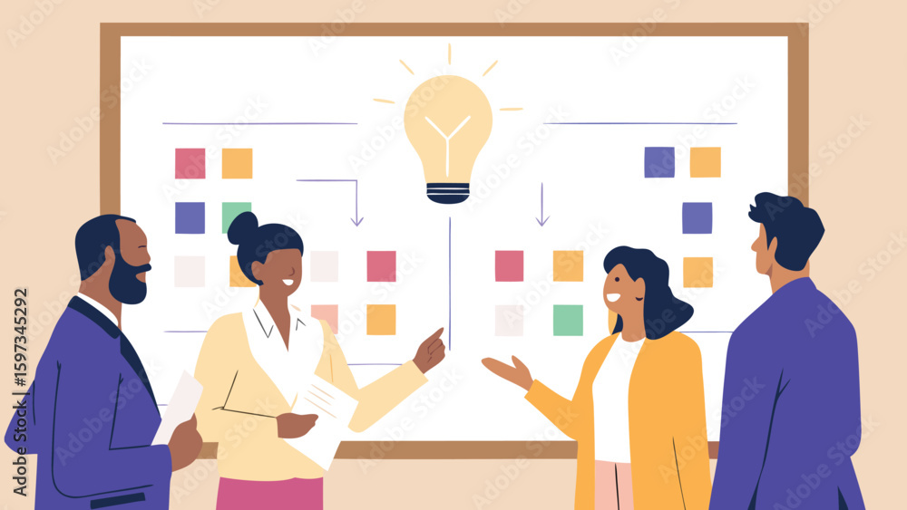 Poster diverse team brainstorming ideas with sticky notes and lightbulb on whiteboard in office setting mee