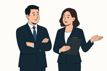 Professional male and female business executives engaged in a strategic conversation conveying confidence and collaboration in a minimalist workspace setting designed for modern corporate