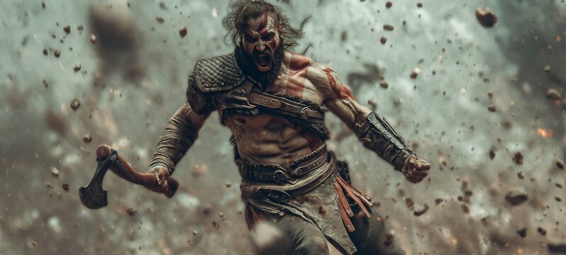 Photographic Style Massive Muscular Male Berserker with Glowing Scars and Fierce Roar, Mid-Swing of Two-Handed Axe on Chaotic Battlefield, Dirt and Debris Flying in Action