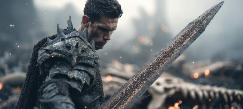 Photorealistic Massive Dragon-Slayer War God with Battle Scars, Wearing Black Dragon-Scale Heavy Armor, Holding Giant Enchanted Lance with Fire Engraving, Standing Over Fallen Dragon Bones, Glowing Em