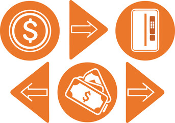 Financial Icons and Symbols: A series of financial icons and symbols presented in a vibrant orange color palette, symbolizing various aspects of financial transactions and concepts.