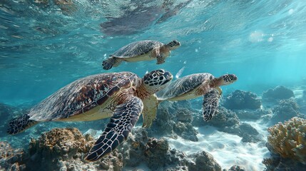 Obraz premium Sea turtles swimming over coral reef