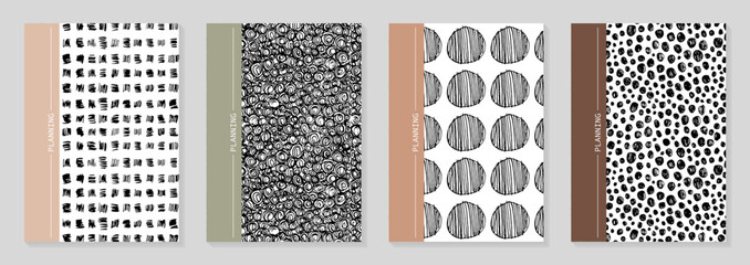 Daily planner cover templates. Backgrounds with black and white ink pattern. Design for stationary, covers, banner, notebook. Vector illustration.