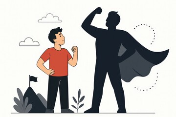 Young man envisioning his future self as a confident superhero standing before a mountain holding a powerful pose while surrounded by inspirational elements of growth and aspiration