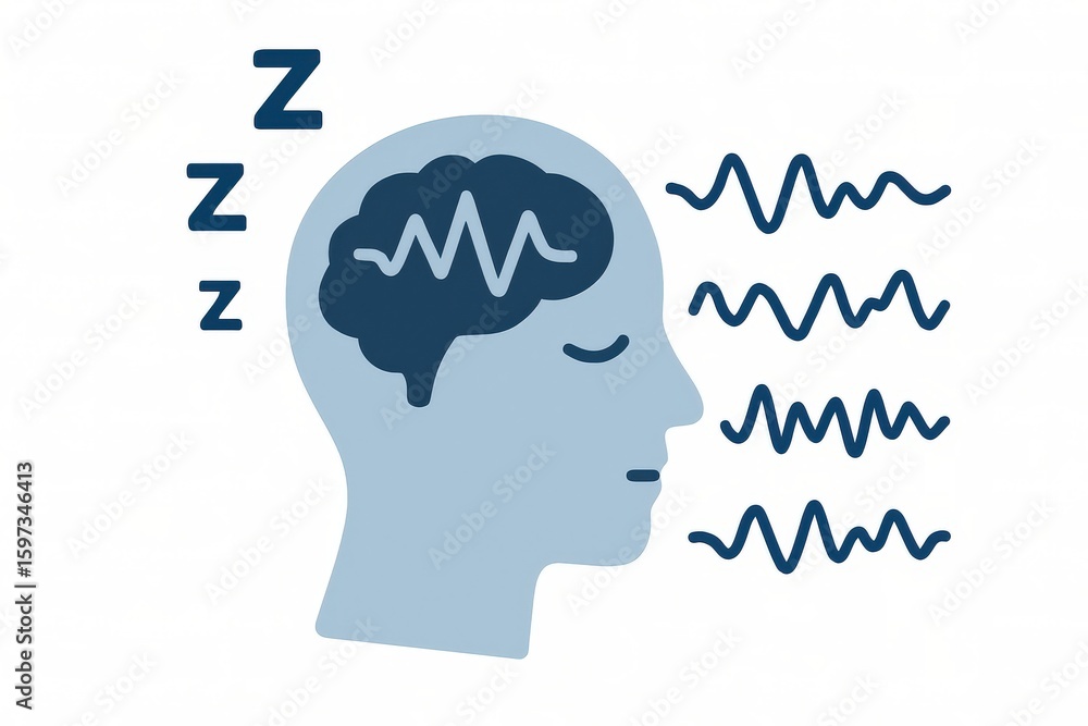 Poster conceptual illustration portraying brain activity during restful sleep, showcasing brain waves and r