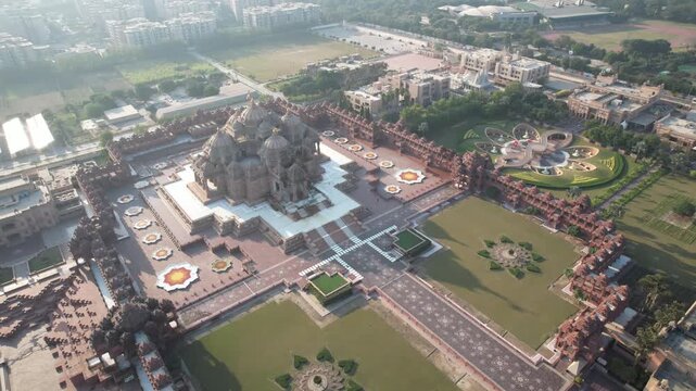 Aerial Drone Footage of Akshardham Temple in New Delhi one of the largest Hindu temple complex in India 