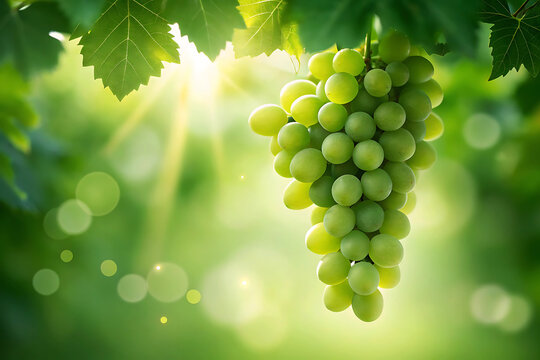Sunlit bunch of ripe green grapes hanging in a vineyard