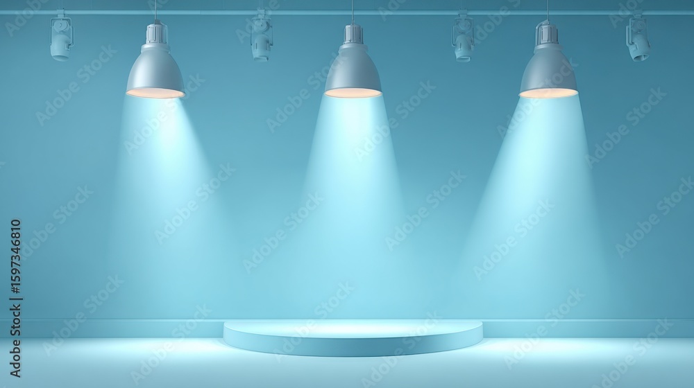 Aufkleber a modern stage is illuminated by three hanging lights casting blue beams on a circular platform. thi