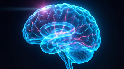 Futuristic digital brain illustration with neon lights | Conceptual brain with neon connections | Brain technology visualization in neon lights

