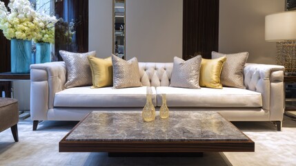 This living room showcases a white tufted sofa adorned with gold and silver pillows. A sleek marble coffee table sits in front, creating a luxurious and inviting atmosphere.