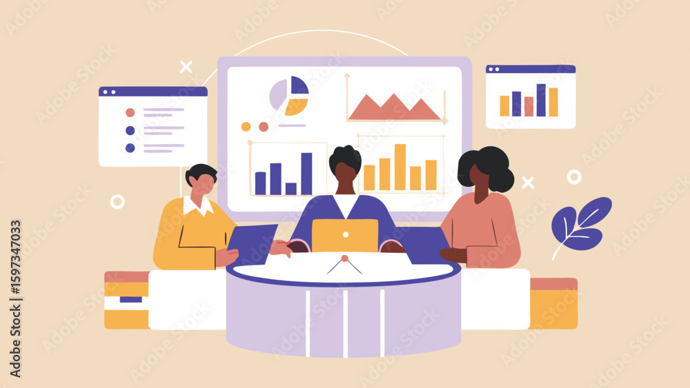 Poster people at a round table discussing charts and graphs on screen in a business meeting setting here no