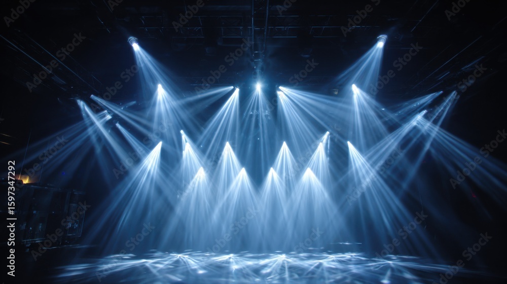 Poster multiple beams of blue light illuminate the stage area in a performance space, creating an energetic