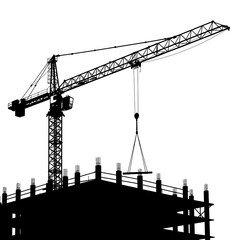 A silhouette of a towering construction crane actively lifting a heavy beam over a building under development, symbolizing urban growth and industry.