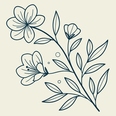 Minimalist Botanical Line Drawing Dark Blue Flowers Beige Background