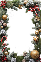 Christmas frame with pine branches, baubles, candy canes, and festive ornaments, isolated on transparent background. Great for holiday, winter, greeting card, or seasonal design use.