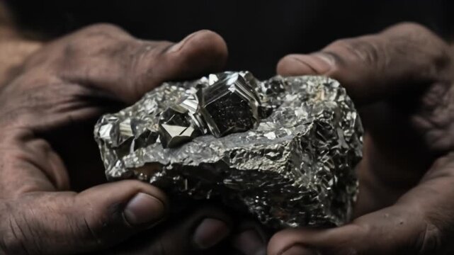 Miners hands holding a pyrite specimen