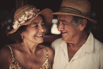Elderly Latino couple smiling together in a warm, joyful moment during a sunny afternoon in their home
