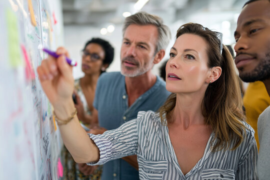 Group of analysts brainstorming near whiteboard with charts